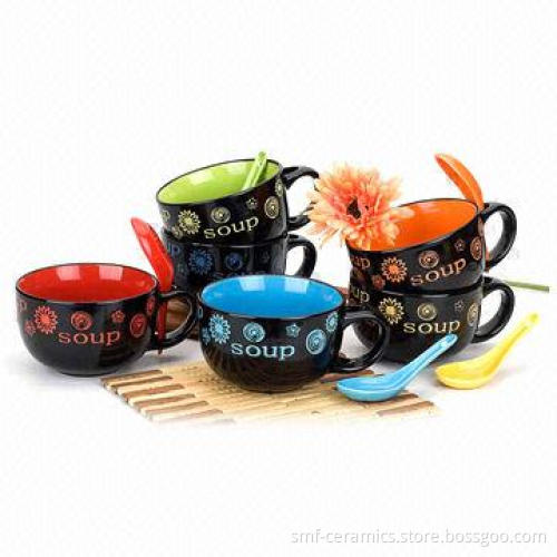 16oz Soup Mugs, Made of Stoneware, Color-glazed, Customized Designs are Accepted, Stoneware Bowl